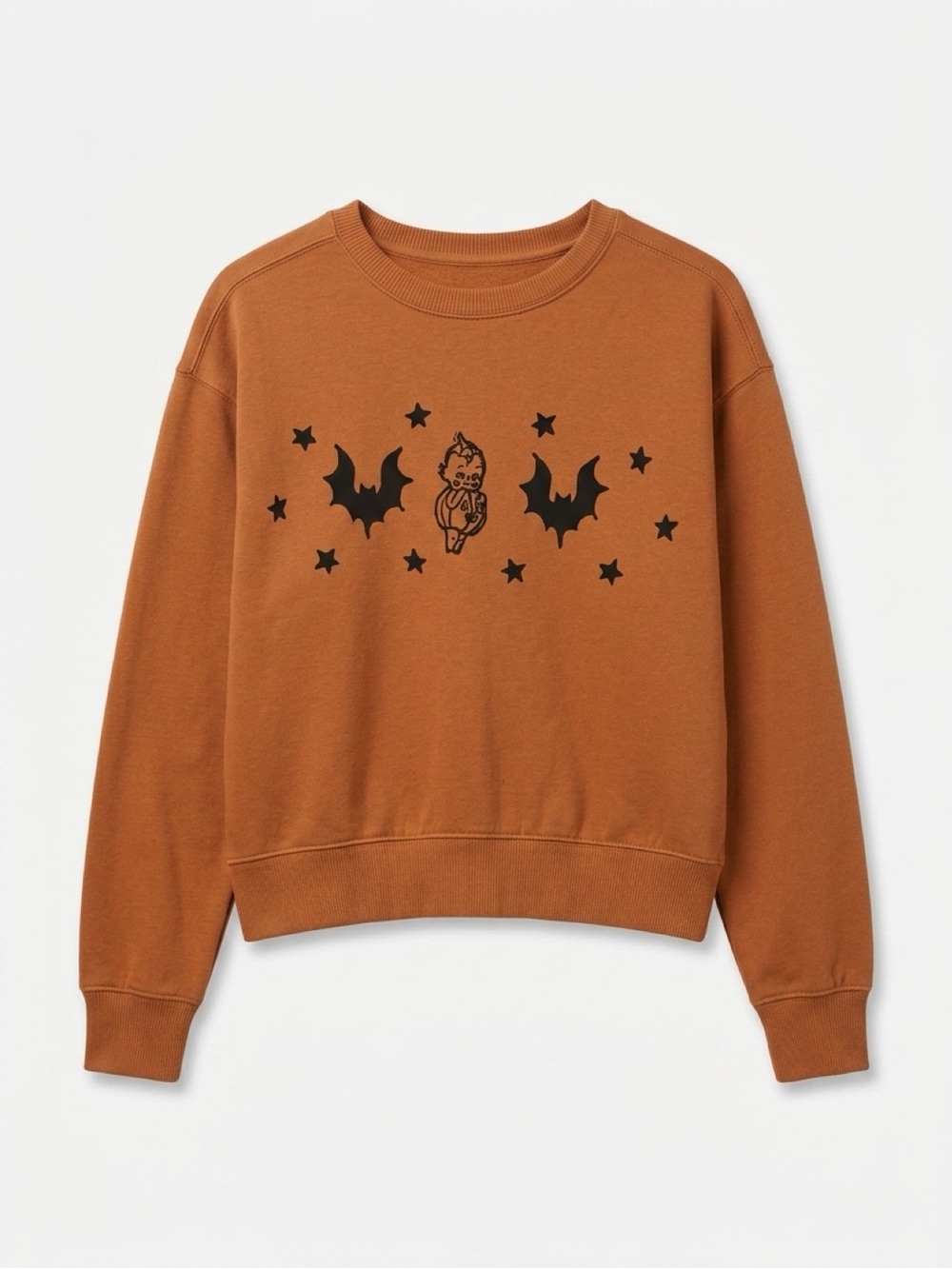 Orange Crewneck with Black Bat Graphic kewpie baby Custom Hand Printed Size XS